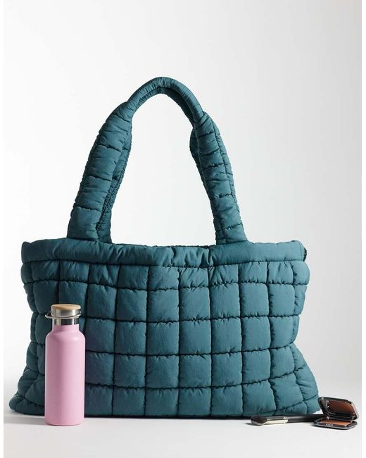 4505 Blue Quilted Woven Drawstring Oversized Gym Tote