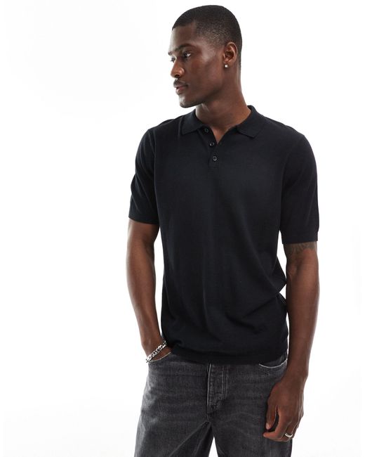ASOS Black Lightweight Knitted Cotton Polo for men