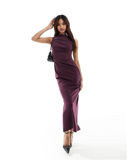 ASOS Purple Slash Neck Ponte Midi Dress With Ruched Side Detail