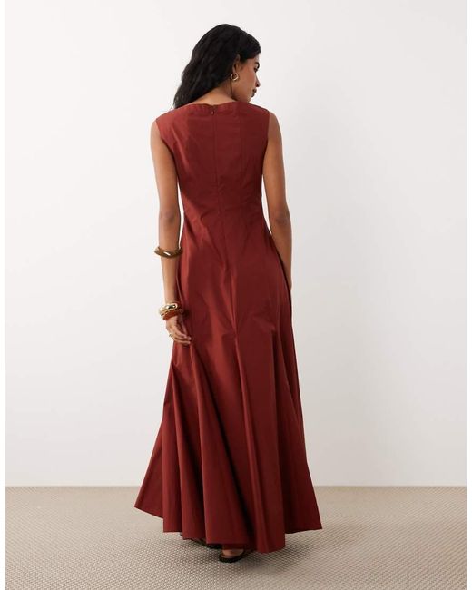 ASOS Red Poplin Square Neck Dropped Waist Maxi Dress With Godets