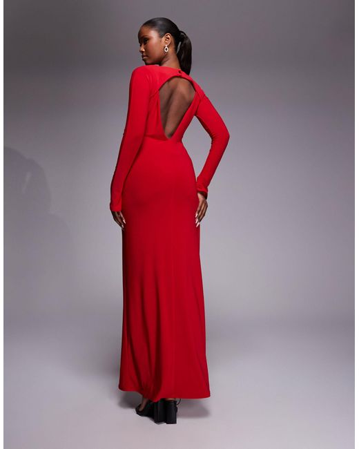 ASOS Red Plunge Neck Long Sleeve Maxi Dress With Ruching