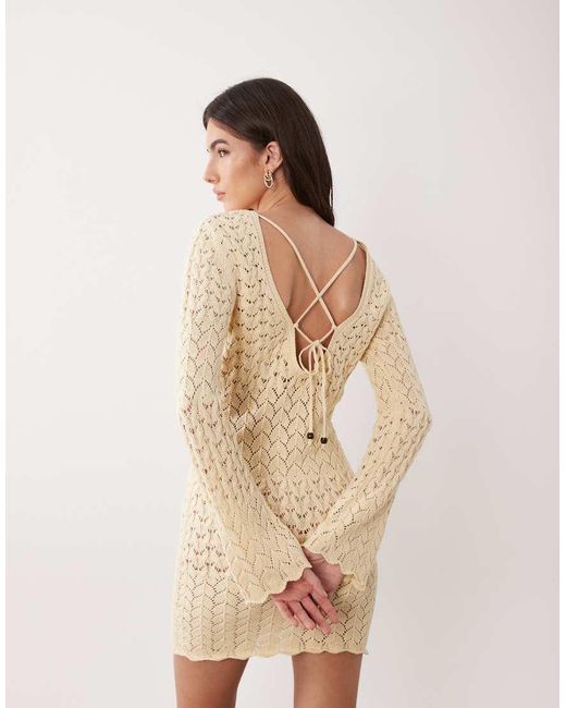 Miss Selfridge Natural Crochet Waist Detail Long Sleeve Mini Dress