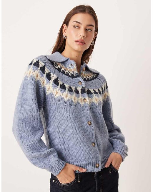 Aware Blue Chunky Wool Mix Fairisle Knitted Polo Neck Cardigan