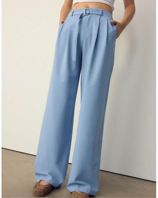 Stradivarius Blue Smart Wide-leg Trousers With Buckle Detail