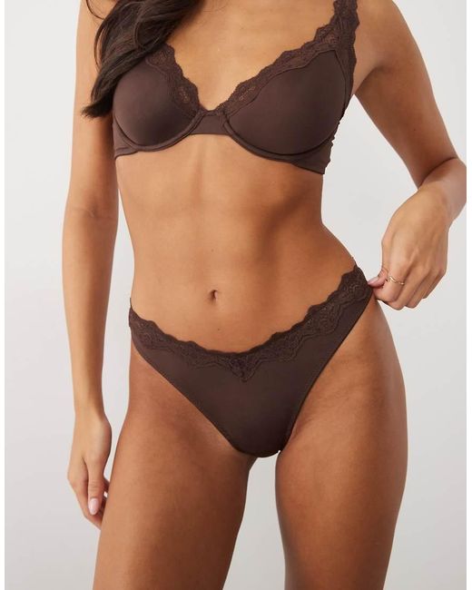ASOS Brown Lilah Microfibre Thong With Lace Trim