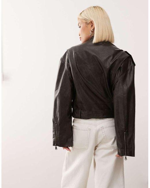 Lioness Black Driftwood Faux Leather Structured Wide Sleeve Buckle Detail Biker Jacket