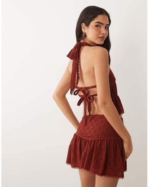ASOS Red Broderie Mini Skirt With Lace Trim Detail