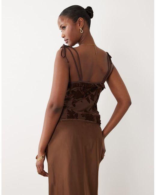 ASOS Brown Flocked Cami Top With Picot Trim And Seam Detail