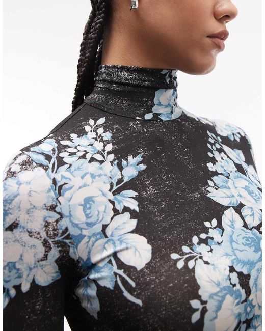 & Other Stories Black Sheer Floral Printed High Neck Top