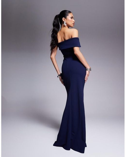 Goddiva Blue Off The Shoulder Pleated Waist Maxi Dress