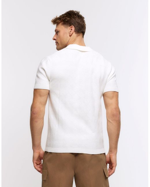River Island White Muscle Fit Diamond Stitch Knit Polo for men