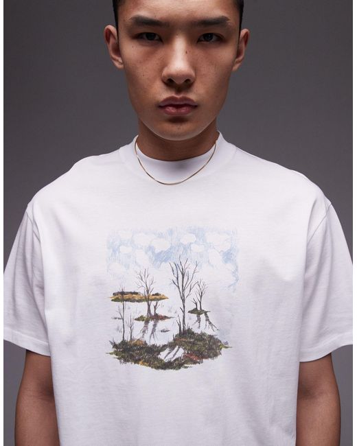 Topman White Premium Oversized Fit T-shirt With Woodland Chest Print for men