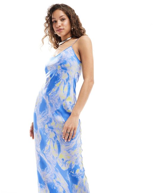AllSaints Blue Bryony Spiral Satin Midi Slip Dress