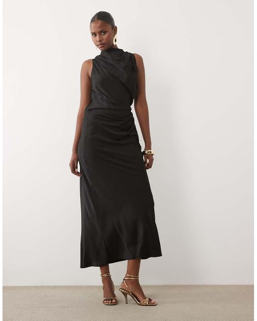 ASOS White Pleated Gathered Bodice Satin Maxi Dress With High Neck