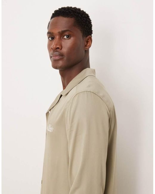 ASOS Natural Co-ord Regular Revere Shirt With Chest Embroidery for men