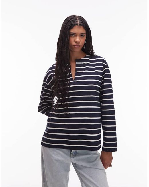 ARKET Oversized Jersey T-Shirt Met Lange Mouwen, Open V-Hals En Zijsplitten in het Blue
