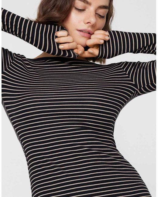 Tezenis Black Top Long Sleeve Boat Ribbed Cot.Rigata