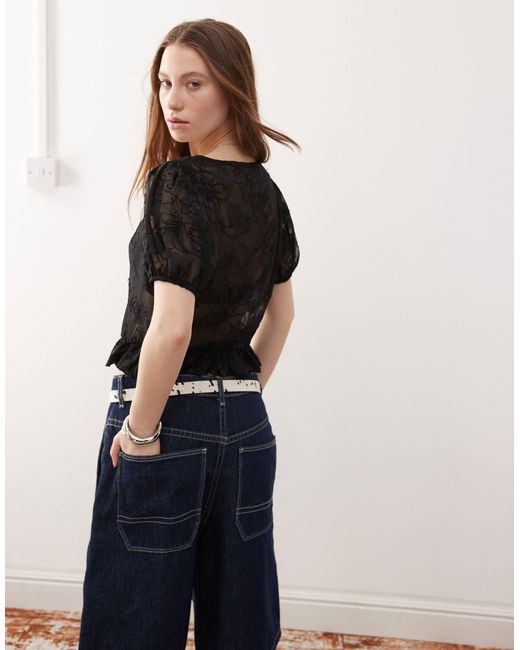 Reclaimed Vintage Women's Black Cotton Lace Insert Tie Front Blouse