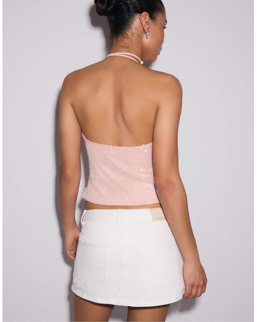 Stradivarius White Sequin Halter Top