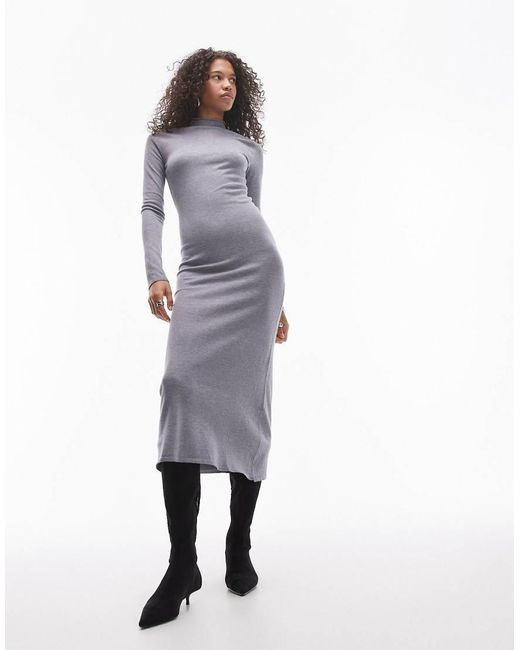 Mango Gray High Neck Split Side Knitted Maxi Dress