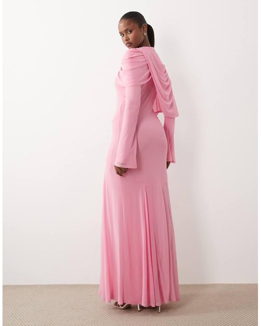ASOS Pink Modesty Mesh Maxi Dress With Overlay Draped Neckline Detail