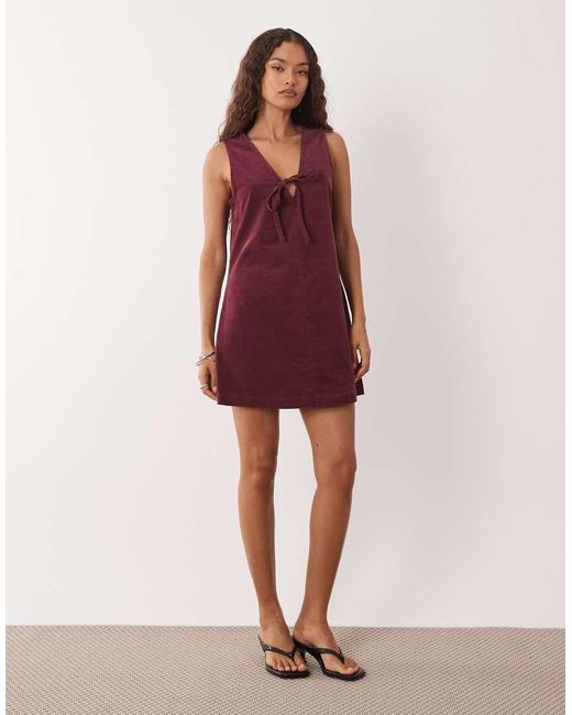 Nobody's Child Petite Red Nila Tie-Detail Cord Pinafore Mini Dress