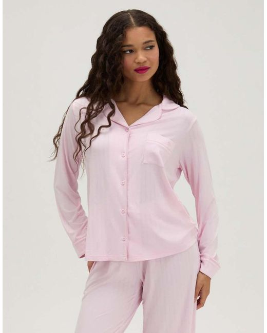 Boux Avenue Pink Ribbed Modal Long Pyjama Set With Wide Leg Trousers