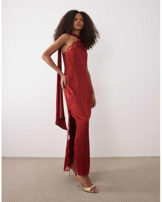Mango Red Capsule Satin One Shoulder Maxi Dress With Lace Detail