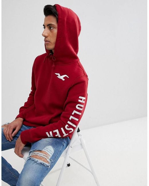 Hollister Red Overhead Hoodie With Sleeve & Back Logo In Rhubarb for men