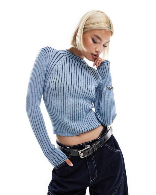Monki Blue Long Sleeve Knitted Two Tone Top