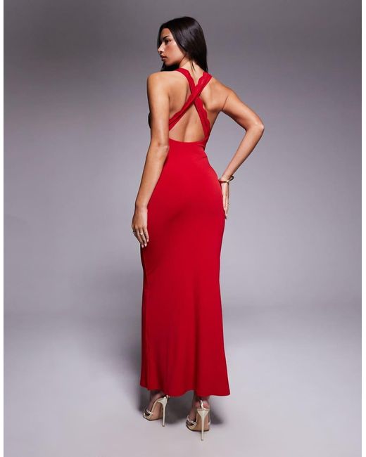 Tiger Mist Red Seraphine Slinky Crossover Lace Panel Bodycon Maxi Dress