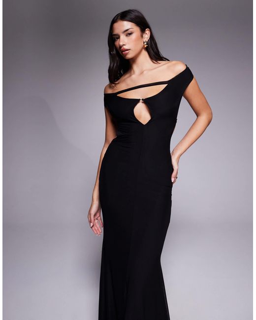 black bardot cut out fishtail maxi dress Tiger Mist Kerrigan Keyhole Open Back Strap Detail in flattering texture Stability Evening gown El Dresscode Boho Chic Color:Multi color