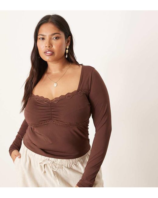 ASOS Brown Asos Design Curve Slinky Square Neck Ruched Front Long Sleeve Top With Lace