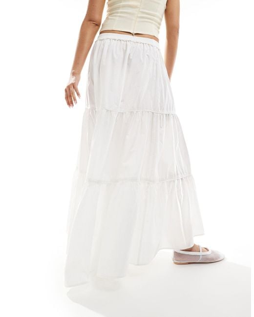 Monki White Maxi Tiered Poplin Cotton Skirt With Half Elastic Waist