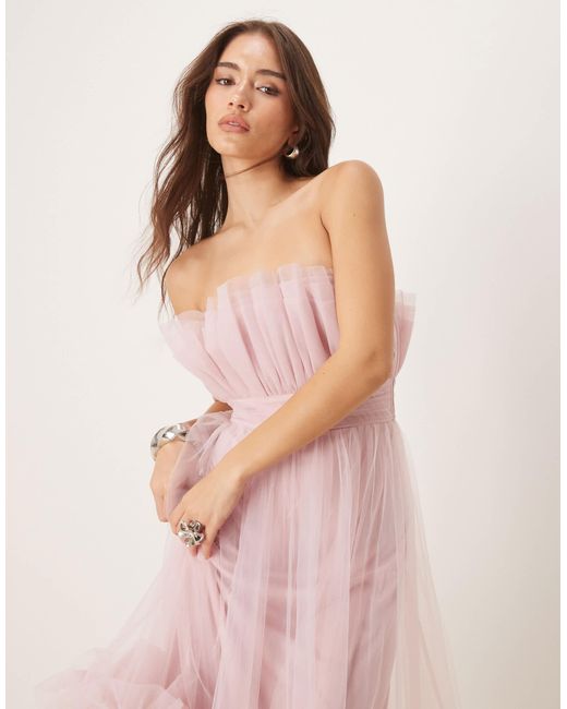 LACE & BEADS Pink Bandeau Ruffle Hem Tulle Midaxi Dress