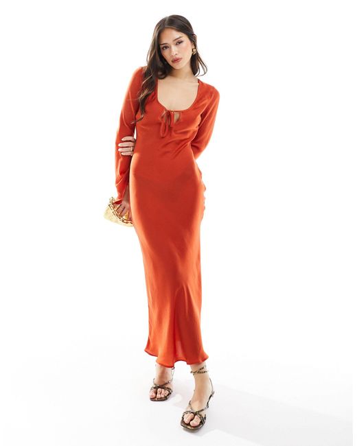 ASOS Red Tie Front Long Sleeve Midi Dress With Binding