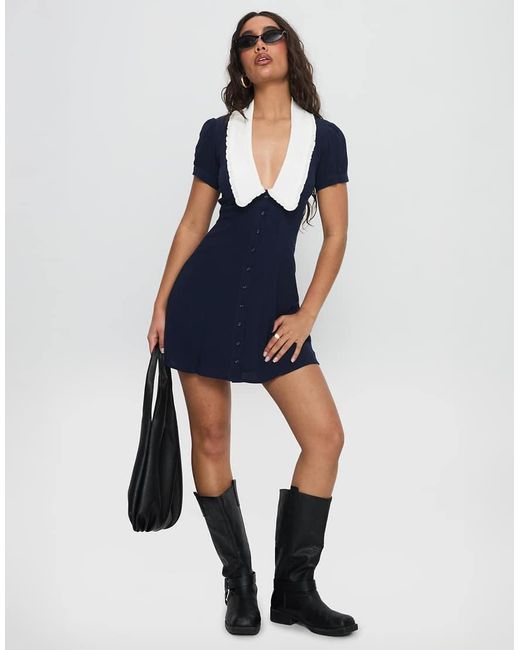 Princess Polly Blue Fabiola Contrast Collared Button Up Tie Back Mini Dress