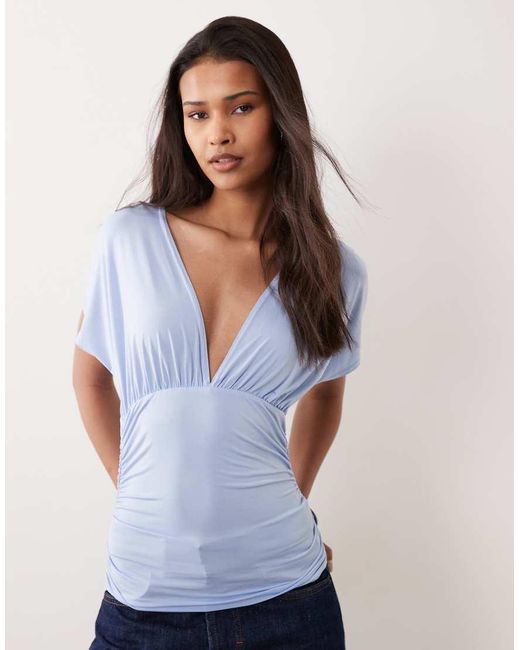 Miss Selfridge Blue V-neck Top With Gathered Waist