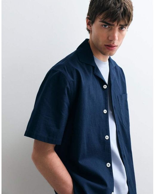 ASOS COLLECTIVE Blue Relaxed Cotton Shirt With Linen for men