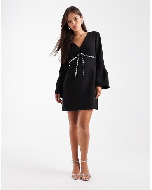 French Connection Black Mini Shift Dress With Diamante Bow Trim