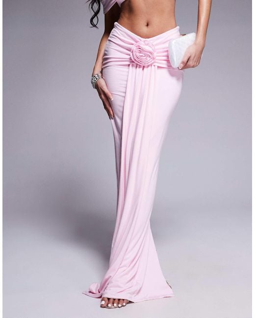 Wanderdoll Pink Belle Ruched Bardot Top And Maxi Skirt Set With Corsage Drape Detail