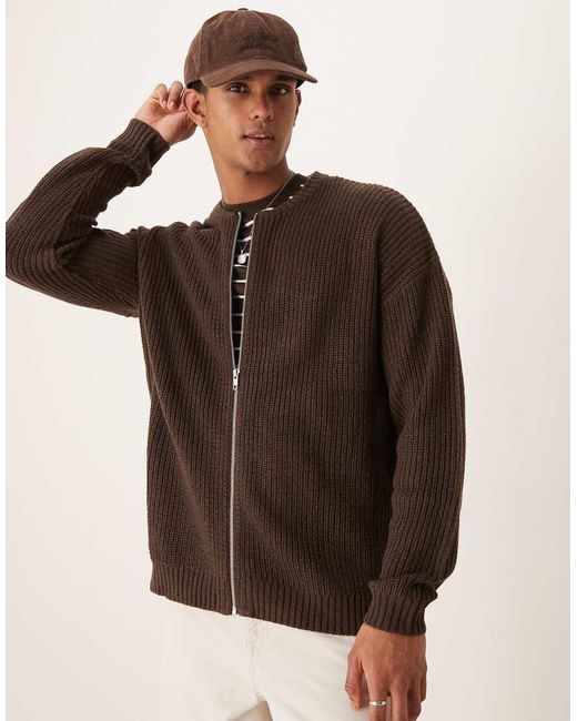 ASOS Brown Knitted Relaxed Fisherman Rib Zip Up Bomber Cardigan for men