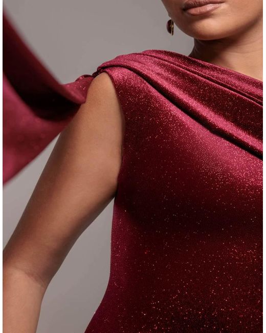 Goddiva Red Glitter Velvet Sash One Shoulder Bardot Maxi Dress