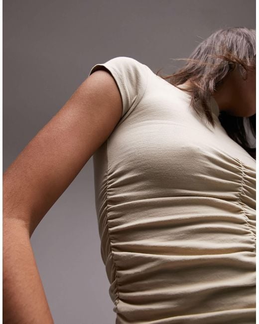 TOPSHOP Brown Ruched Front Short Sleeve Top