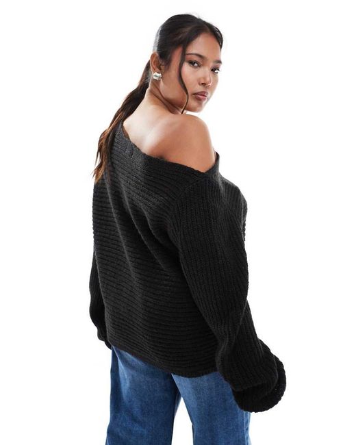 ASOS Black Asos Design Curve Knitted Off The Shoulder Slouchy Jumper