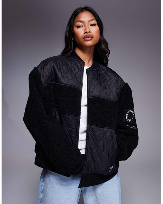 ASOS Blue Weekend Collective Borg Zip Through Bomber Jacket With Nylon Detail