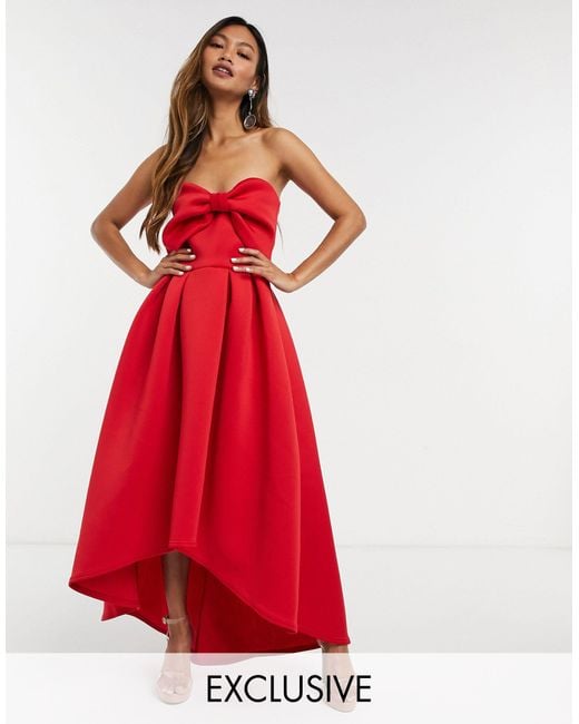True Violet Red Oversized Bow High Low Midi Dress