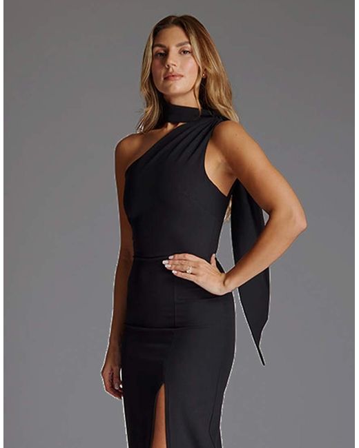 Vesper Gray Scarf Detail One Shoulder Maxi Dress