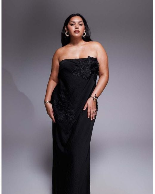ASOS Black Asos Design Curve Bandeau Flower Applique Midaxi Dress