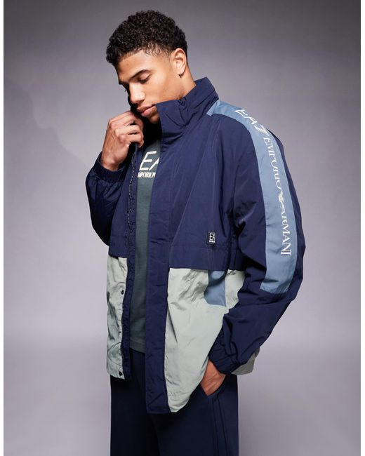 EA7 Blue Armani Panelled Wind Breaker Jacket With Logo Tape Detail for men